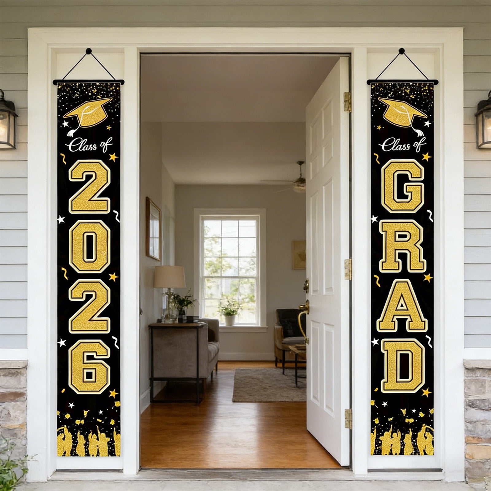 Seyotauo Class of 2026 Graduation Door Banner, Black Gold Themed Porch Sign, Featuring Cap and Diploma Pattern, Elegant Outdoor Hanging Decor for Graduation Party Celebration