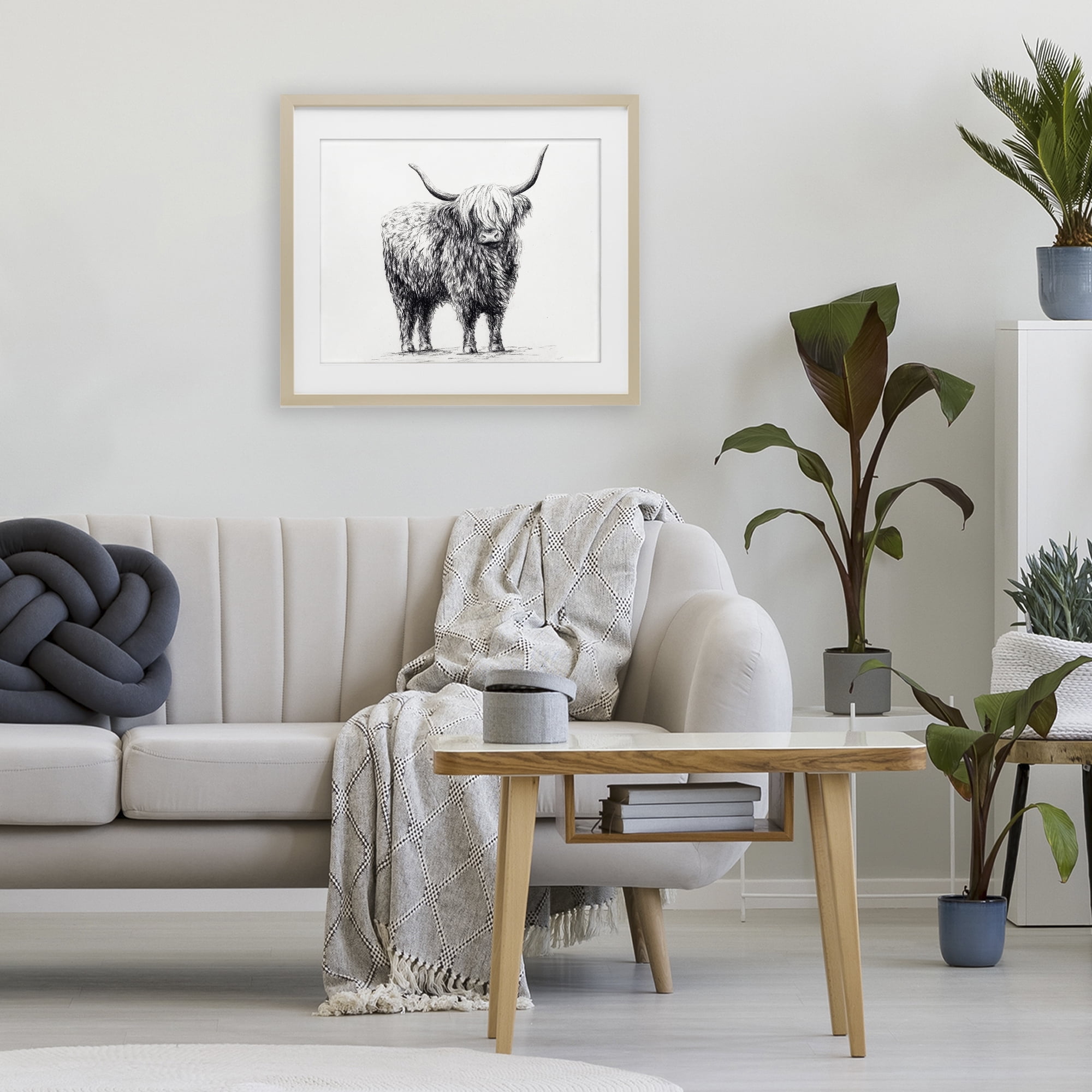 Stupell Industries Highland Cow in Charcoal Birch Framed Print Under Glass, design by Leah Noel Art