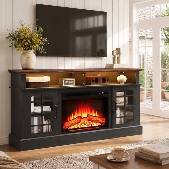 Paproos Fireplace TV Stand for 65 inch TV with LED Lights, 32.0in Tall TV Stand with 23'' Electric Fireplace, Entertainment Center for Living Room, 400 Sqt Heating Area, Brown Tabletop&Black Cabinet