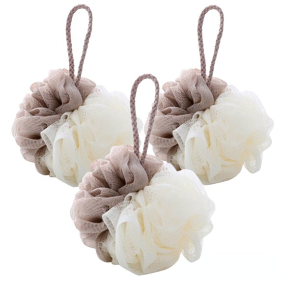 Bxaolu Loofah Bath Shower Sponge Body Scrubber, Beige White Exfoliate Mesh Pouf Shower Bouquet, 3 Pack Body Wash for Women and Men (3Pcs)