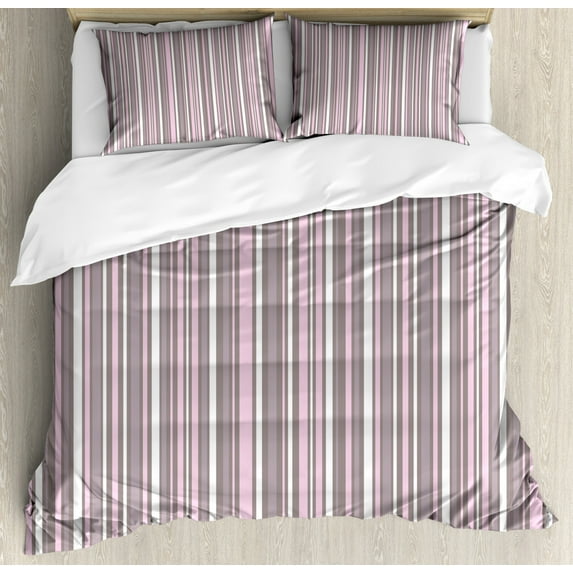 Geometric Duvet Cover Set Queen Size, Stripes Pattern Modern Art Inspired Abstract Geometric Vertical Lines, Decorative 3 Piece Bedding Set with 2 Pillow Shams, Warm Taupe Pink White, by Ambesonne