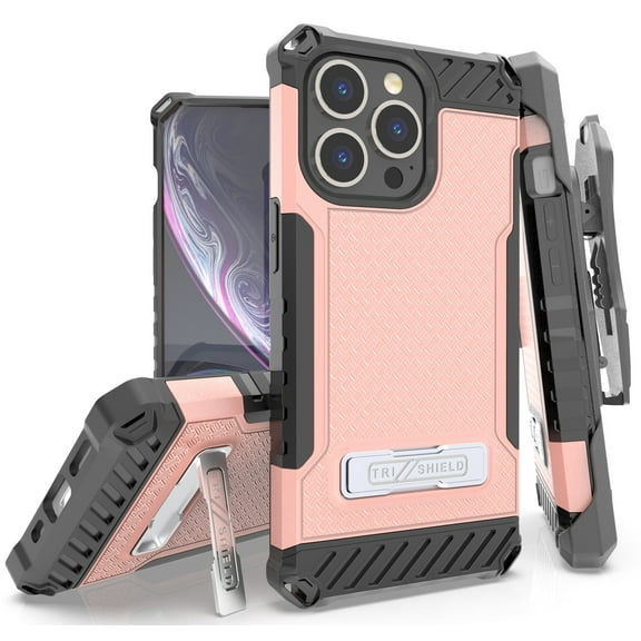 Tri-Shield Combination for iPhone 13 Pro Max Case, Nakedcellphone [Military Grade] Rugged Cover with Metal Kickstand [Includes Wrist Strap Lanyard   Belt Clip Holster]