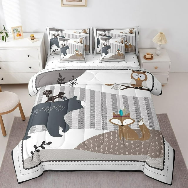 Ensemble de Douillette pour Enfants à Motif d'Animaux de Dessin Animé 7 Pcs Format Simple, Mignon Bear Fox Owl Ensemble de Courtepointe Réversible à Motif d'Animaux Sauvages de Dessin Animé, Ensemble de Literie Géométrique à Carreaux Rétro à Rayures avec Douillette, Drap, Taie d'Oreiller