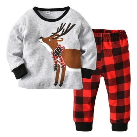 

Toddler Boys Girls Christmas Pajama Sets Kids Long Sleeve Tops+Plaid Pants Sleepwear 1-6Y