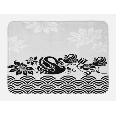 Swan Bath Mat, Black Swans Couple Swimming in Abstract Waves with Swirling Blooming Flowers Pattern, Non-Slip Plush Mat Bathroom Kitchen Laundry Room Decor, 29.5 X 17.5 Inches, Black White, Ambesonne