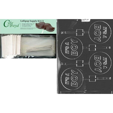 Cybrtrayd 45StK25S-B023 It's a Boy Lolly Chocolate Candy Mold with Lollipop Supply Kit, 25 Lollipop Sticks, 25 Cello Bags and 25 Silver Metallic Twist Ties