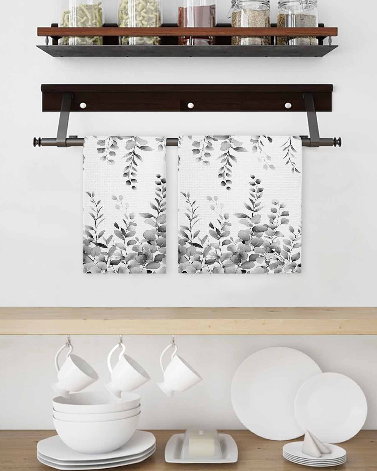 Grey Eucalyptus Hand Towels Set, Waffle Weave Kitchen Towels 3 Pieces, Botanical Leaves Aesthetics Flowers Microfiber Hair Face Bath Tea Towel Absorbent Quick Drying Cleaning Dish Cloths 15.7"x23.6"
