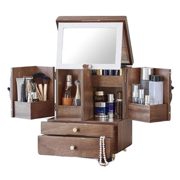 Wood Makeup Cosmetic Storage Organizer Box Cabinet with Drawers and Mirror, Multi-Function Large Capacity Make Up Shelf Cosmetics