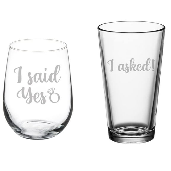 Set of 2 Glasses Stemless WINE & Beer PINT Glass Gift I Asked I Said Yes Engagement