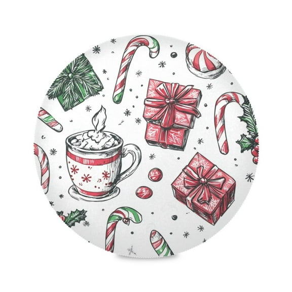 WOBOGO Christmas Pattern with Candy Canes Round Placemats Set of 6 Heat Resistant Washable Kitchen Table Decorations 15.4in
