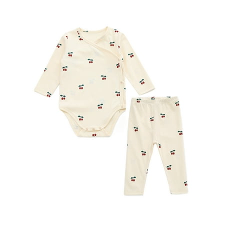 

Capreze Long Sleeve Romper Outfits Crew Neck 2Pcs Outfit Suit Toddler Loose Fruit Printed Rompers + Pants Party Buttons Small Cherry 80cm