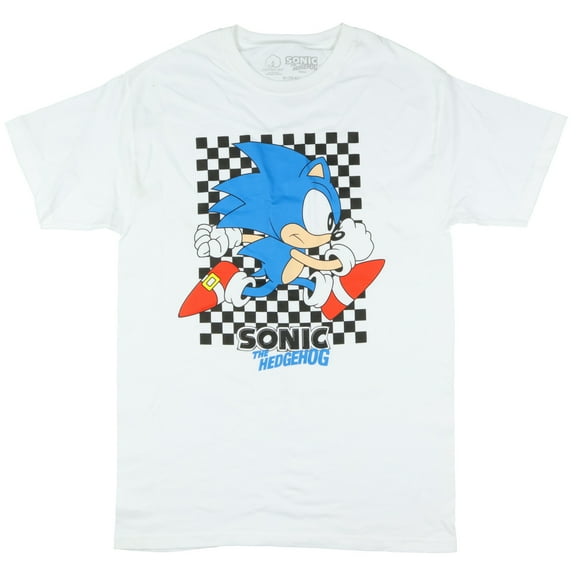 Sonic The Hedgehog T-Shirt Men's Blue Blur Checkerboard Design Adult Tee