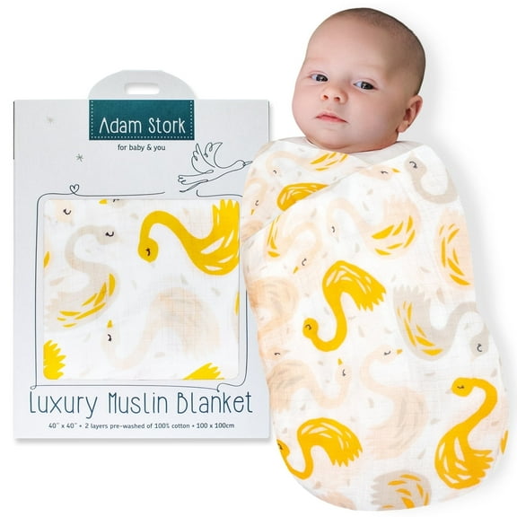 ADAM STORK Yellow Muslin Swaddle Blanket, Unisex, Cotton, 40x40, Birds & Swans Design, Gift Boxed