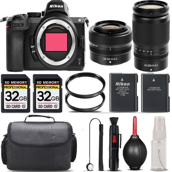 Nikon Z5 Mirrorless with 24-200mm f/4-6.3 VR Lens   24-50mm f/4-6.3 Lens   64GB Storage   UV Filter   Backup Battery   Case   Cleaning Kit (International Version)
