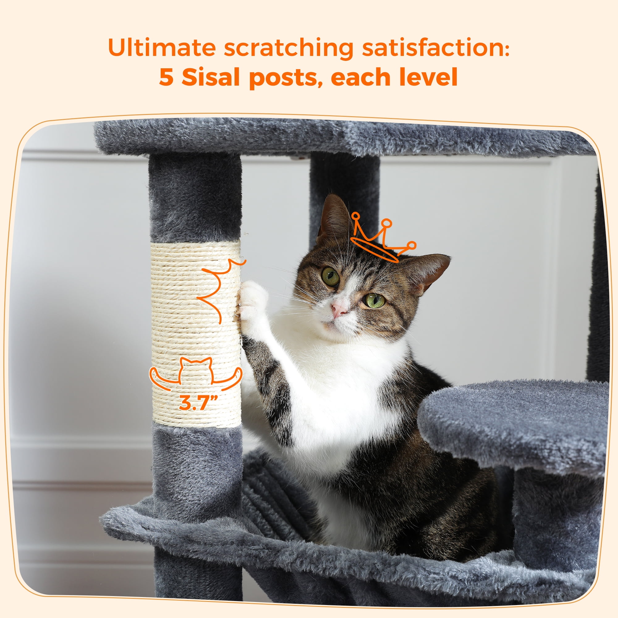 Pefilos 53" Tall Cat Tree Tower with Spacious Hammocks, Condos and Scratching Posts, Cat House with Dual Padded Perches for Indoor Large Cats, Dark Gray