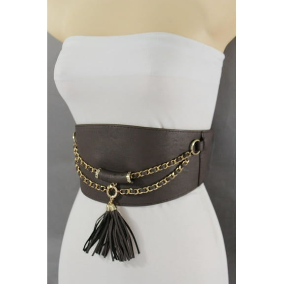 Women Wide Corset Belt Elastic Dark Brown Hip High Waist Gold Chains Fringe S M