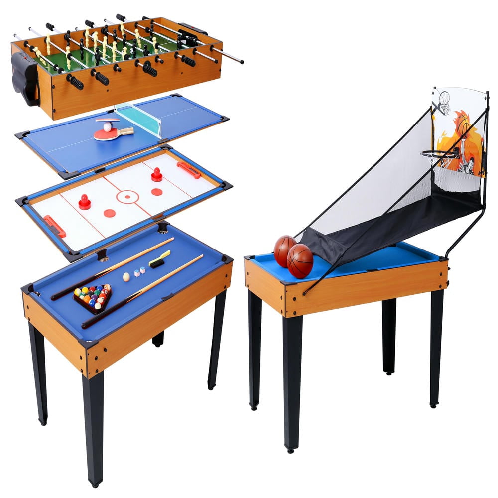 Barara King 5-In-1 Multi-Game Table - Billiards, Push Hockey, Foosball, Ping Pong, And Basketball Brown /Blue