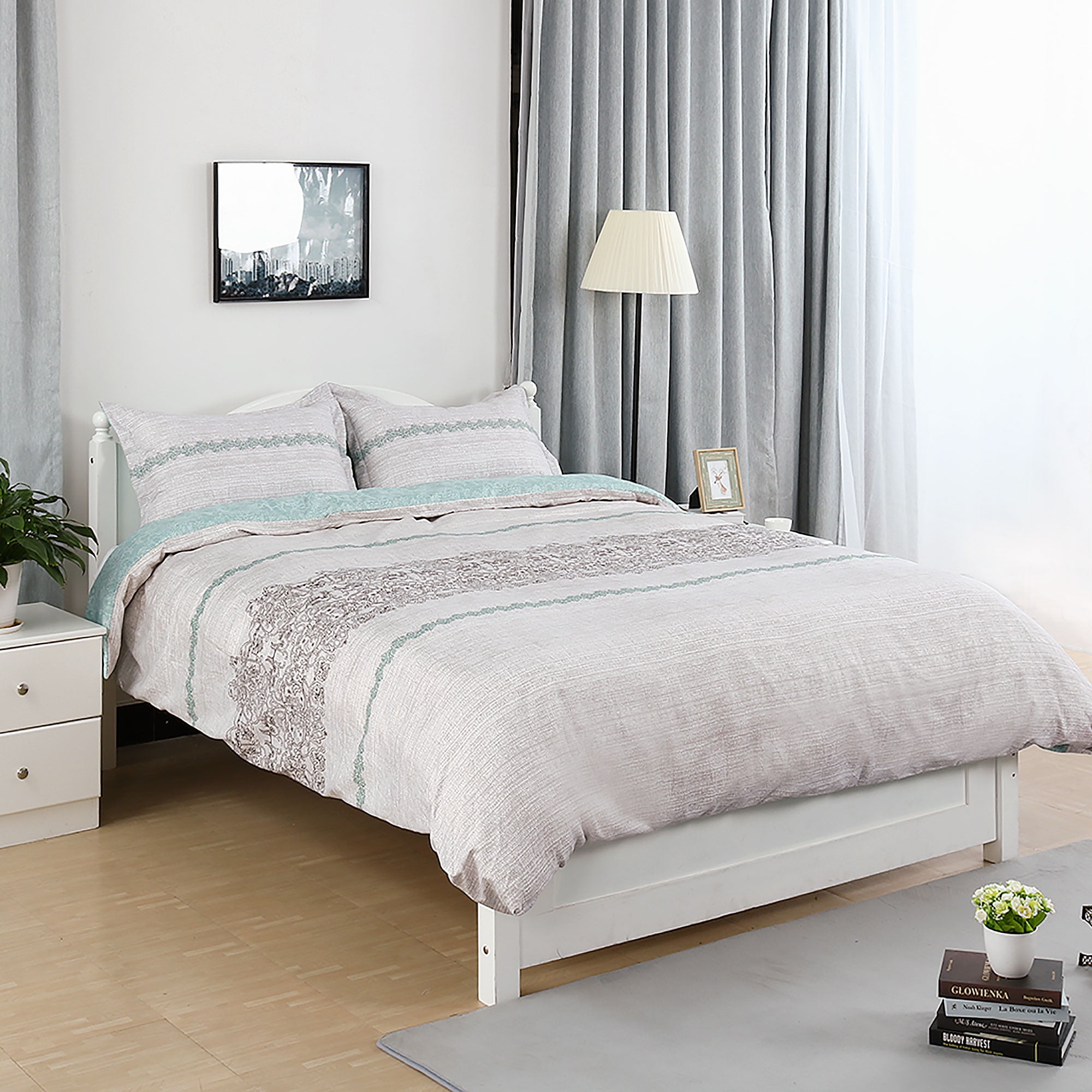 3 Piece Duvets Cover Set with Zipper Closure Microfiber Floral Pattern