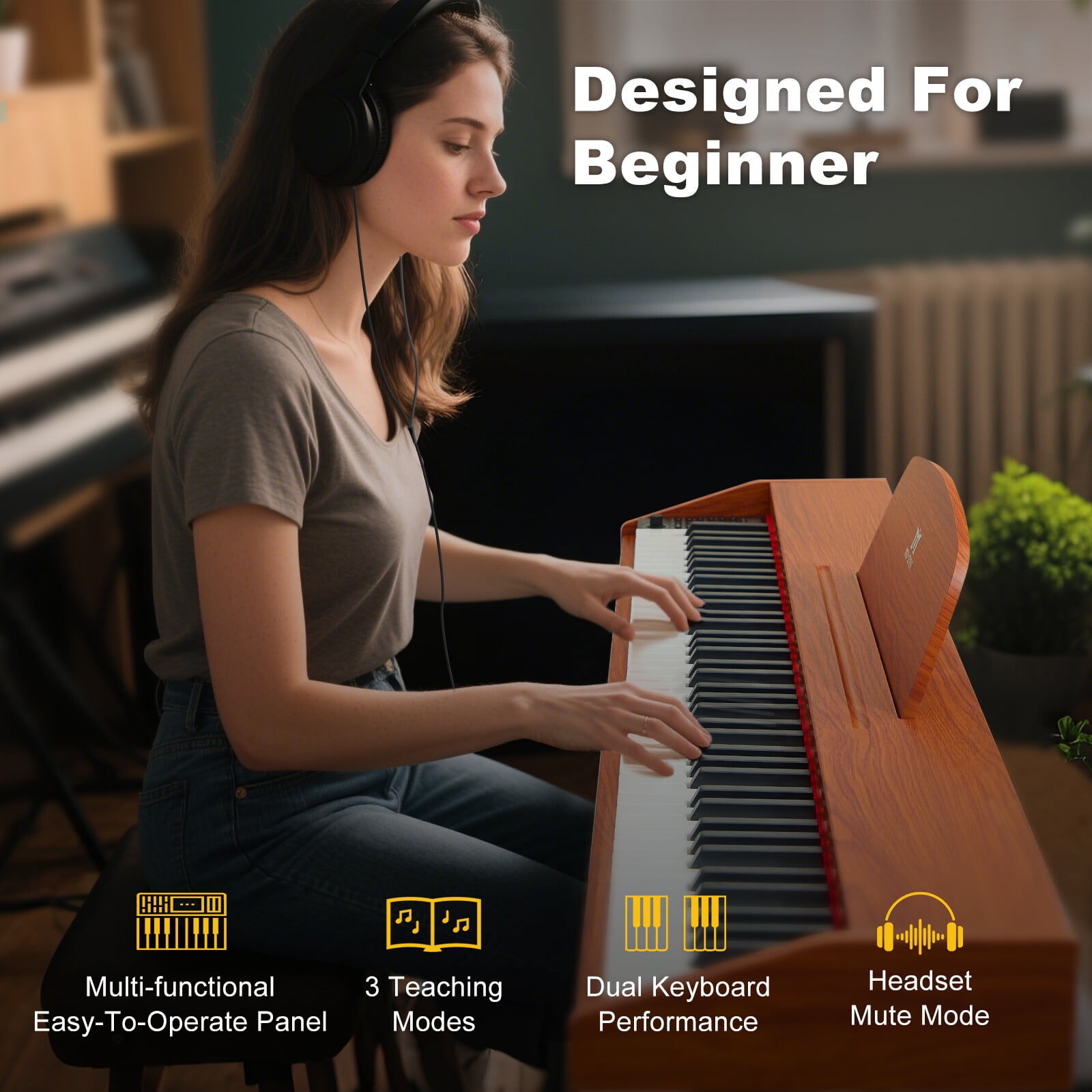 MUSTAR 88 Key Piano Keyboard for Beginners, Portable Semi Weighted Electric Digital Piano with 3-Pedal Unit, Built-In Speakers, USB/MIDI Connecting (Brown)
