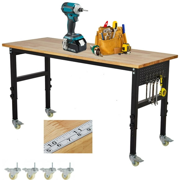 QinaQin 48 Inch Adjustable Workbench with Wheels and Pegboard, Heavy Duty Garage Table with 2200 Lb Capacity for Workshop