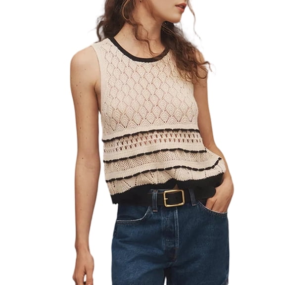 Women'S Crochet Knit Tank Top Summer Sleeveless Tank Top Casual Round Neck Tunic Tops Beige M