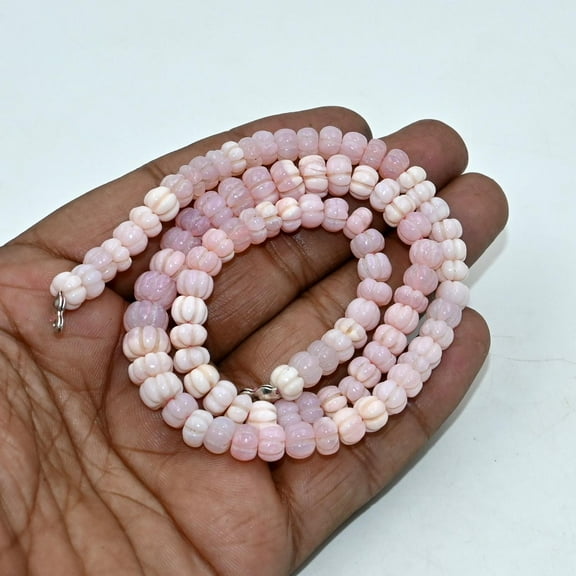 THE GEMS GRID Natural AAA Pink Opal Carved Pumpkin Beads Necklace | 6-8mm Smooth Carved Gemstone Beads | 18" Handmade Pink Opal Melon Strand | 925 Sterling Silver Jewelry