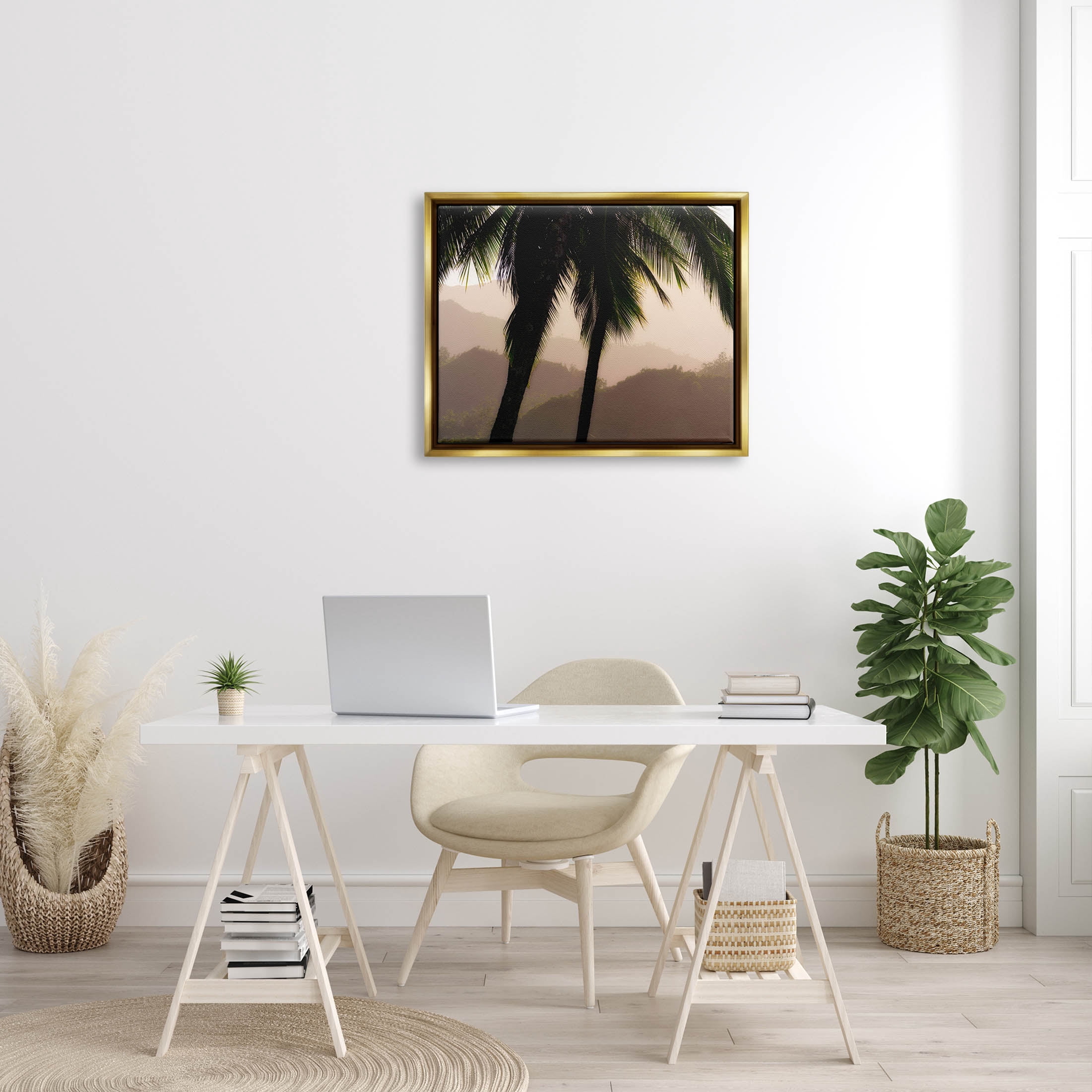 Stupell Industries Tropical Overhanging Palms Distant Land Photograph Metallic Gold Floating Framed Canvas Print Wall Art, Design by Dennis Frates