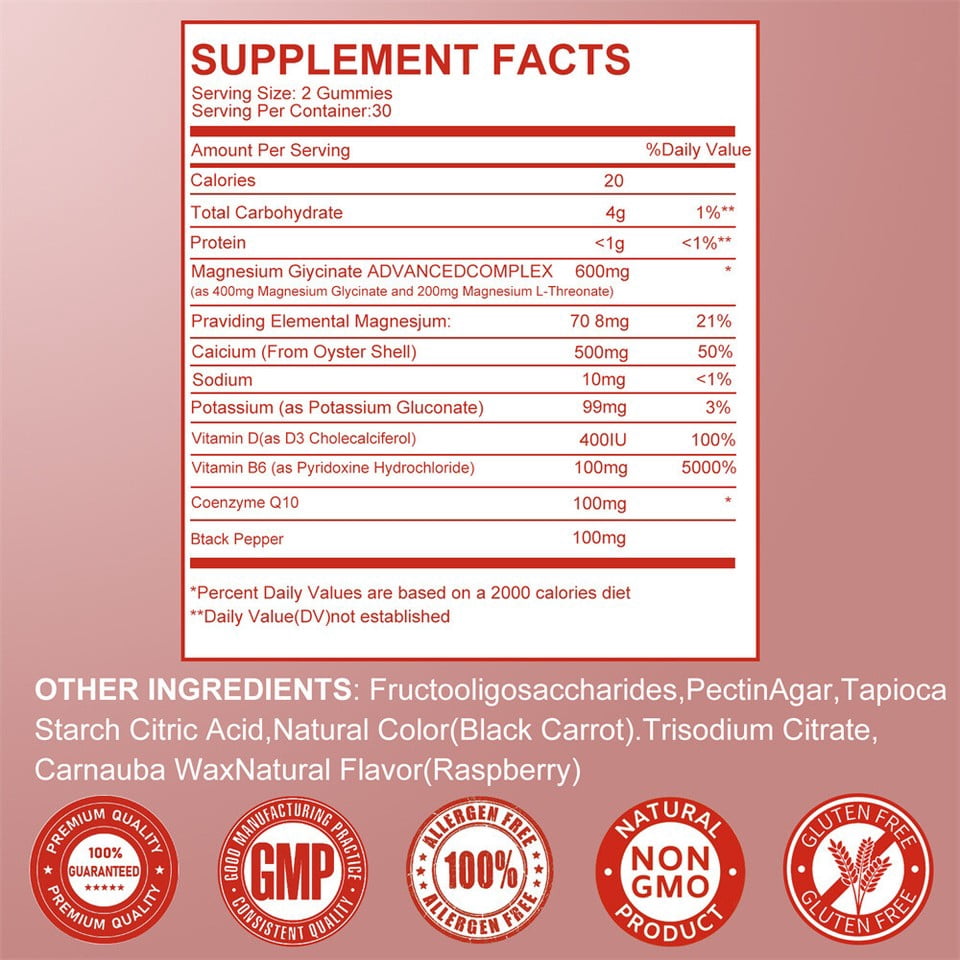 Magnesium Gummies 600mg per Serving-Magnesium Glycinate 400mg and Magnesium Malate 200mg,Sugar Free Magnesium Potassium Supplement for Calm Mood, Muscle, Bone & Energy Support,120 Raspberry Gummies