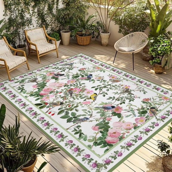 Pink Spring Floral Outdoor Rug for Patio/Deck/Porch, Non-Slip Large Area Rug 6 x 9 Ft, Elegant Pastoral Flowers Birds Watercolor Indoor Outdoor Rugs Washable Area Rugs, Camping Rug Carpet Runner