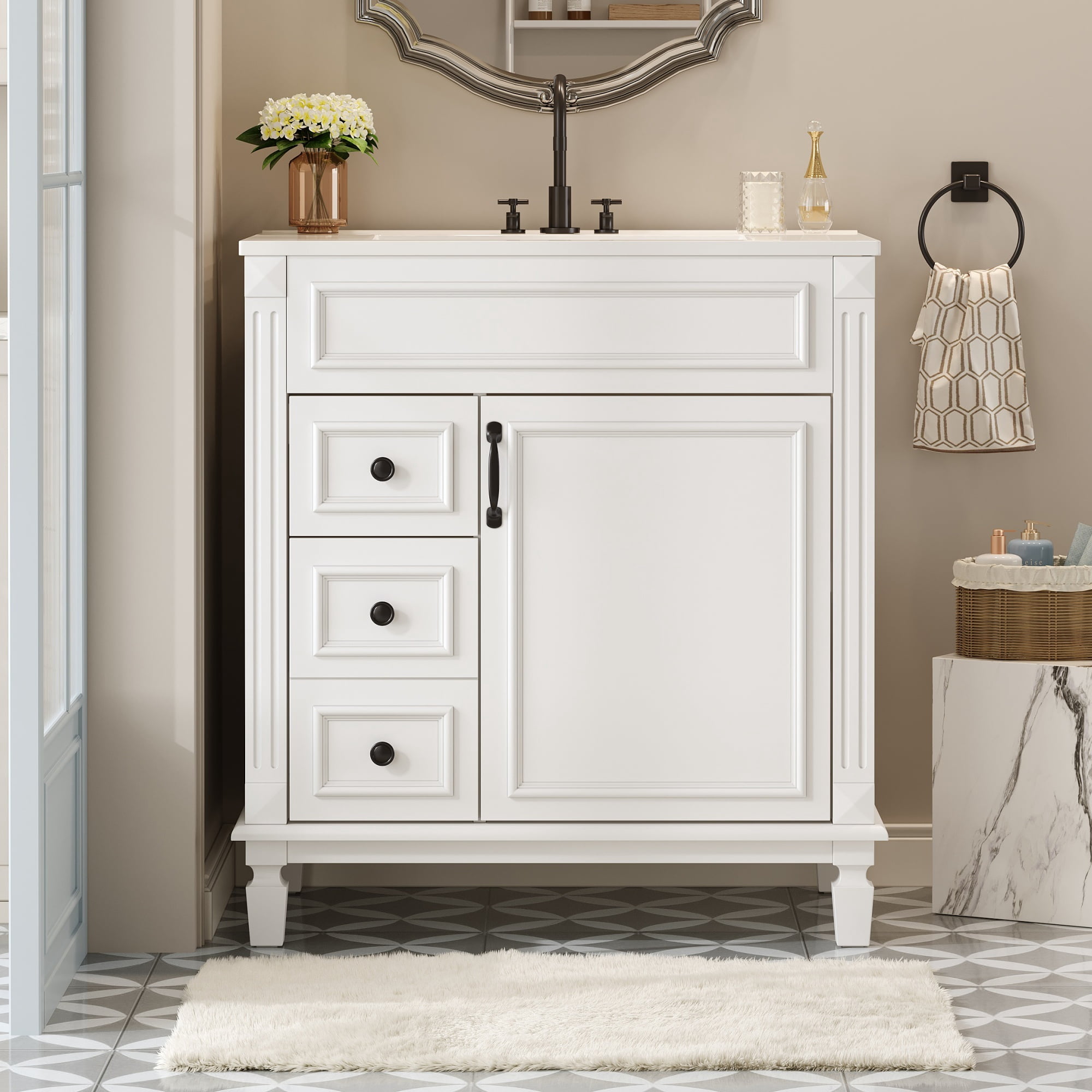 Euroco 30" Bathroom Vanity with Ceramic Sink, Small Bathroom Sink Cabinet, Modern Cabinet with 2 Drawers and Adjustable Shelf