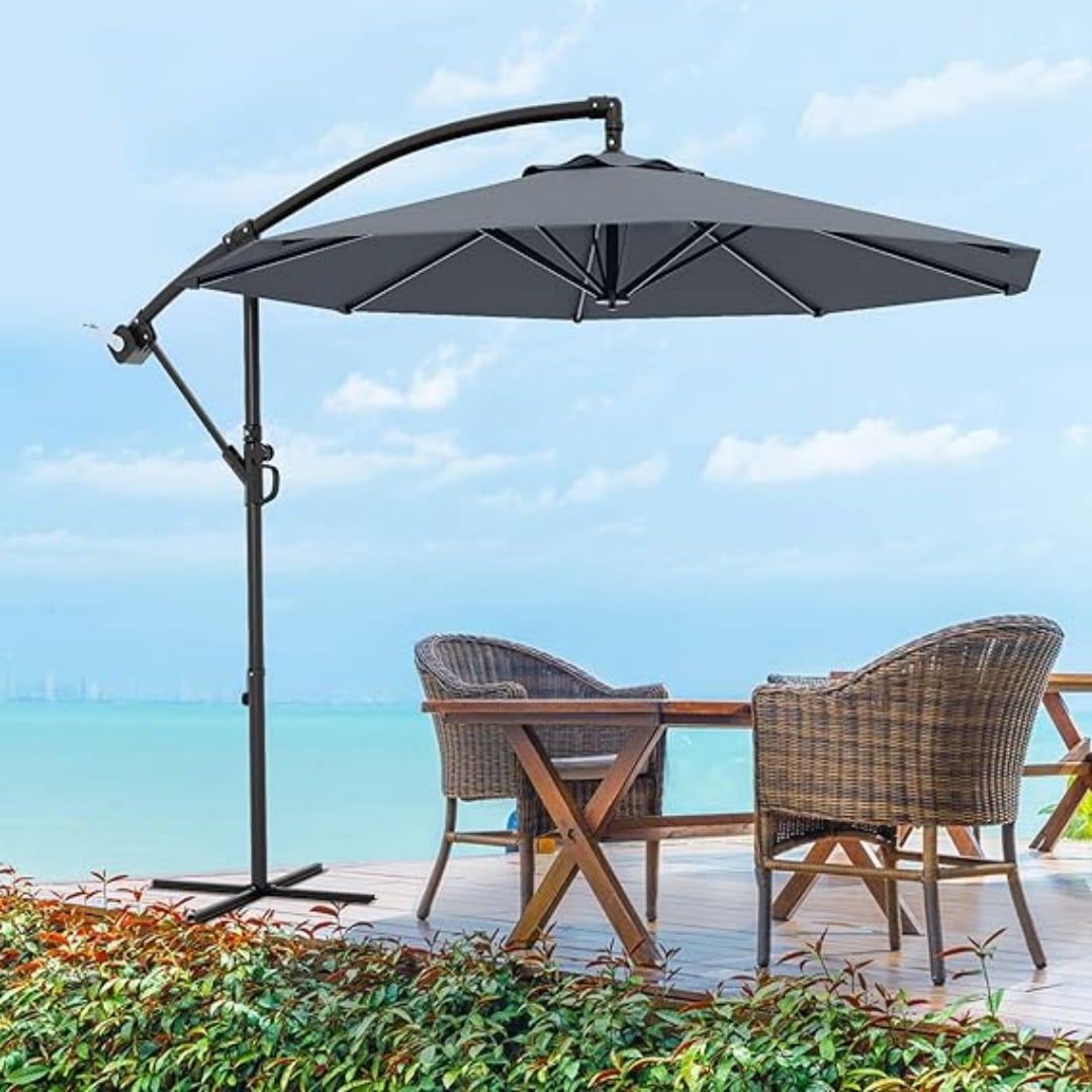 10FT Cantilever Patio Umbrella with Heavy-Duty Cross Base, Outdoor Offset Market Umbrella with Infinite Tilt & Easy Crank Lift – Waterproof, UV-Resistant, Wind-Resistant, Sturdy Aluminum Pole