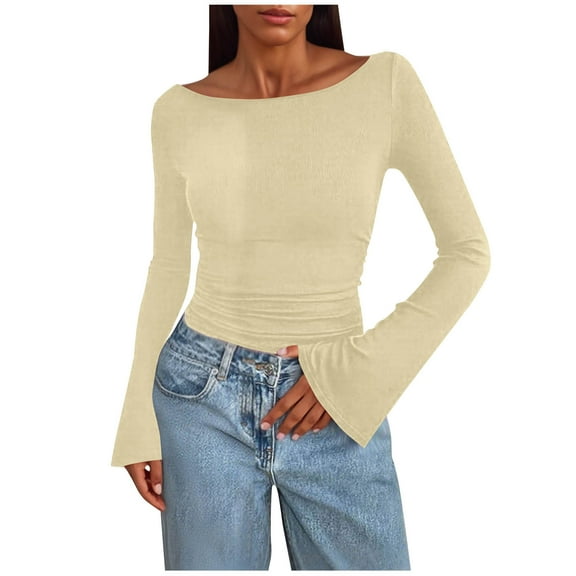 Women's Trumpet Sleeves Shirt Boatneck Slim Ruched Y2k Party Going Out Tops Solid Color Basic Fitted Fall Clothes