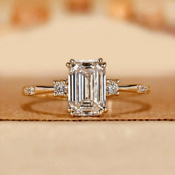 LATELIERDBIJOUX Emerald Cut Lab Grown Diamond Ring, Women Engagement Ring in Gold Plated , Double Prong, Side Stone Ring