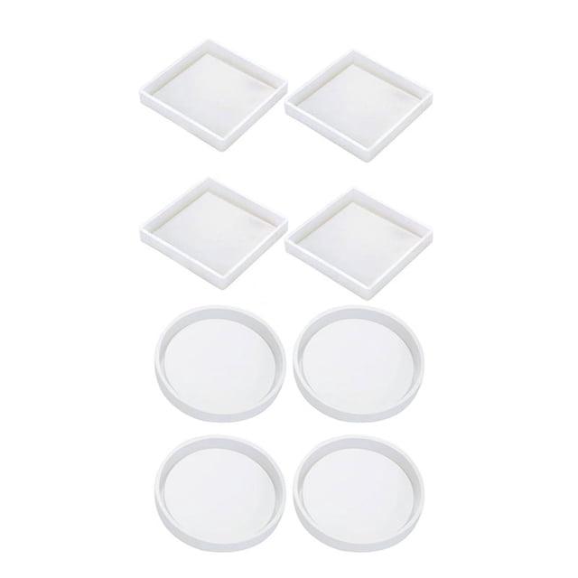 8 Pcs Moule en Silicone : 4 Pcs Moules Carrés & 4 Pcs Moules Ronds en Silicone, pour Moulage avec Résine, Ciment, 4 * Moules Carrés en Silicone pour sous-Verres 4 * Moule Rond en Silicone, transparent Blanc