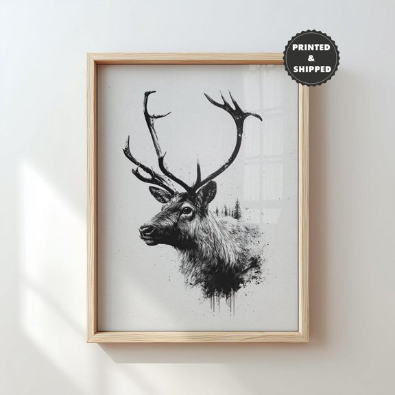 Vintage Reindeer Sketch Neutral Winter Decor Minimalist Deer Pencil Drawing Woodland Animal Portrait Decor Unframed Paper Print
