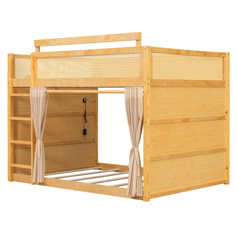 Full Size Bunk Bed with 3-Tier Storage Shelf, Rattan-Style Decor, Privacy Curtains and LED Light Strip, Modern Wood Full Over Full Bunk Bed Frame for Kids Teens