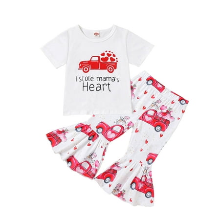 

Letter Hearts Printed Toddler Girls Outfits Short Sleeve T Shirt Pullover Top Bell Bottoms Pants Children Kids Spring Summer Casual Cartoon Fashion Outwear Streetwear Sets