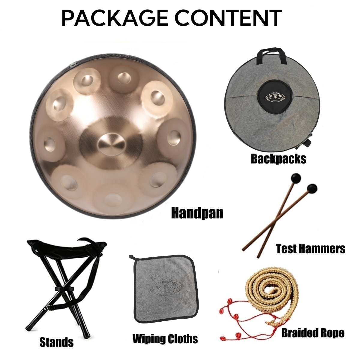 440Hz Drum in D Minor 10 Notes Handpan 22 Inche Steel drum percussion instrument with soft bag(Gold 10notes)