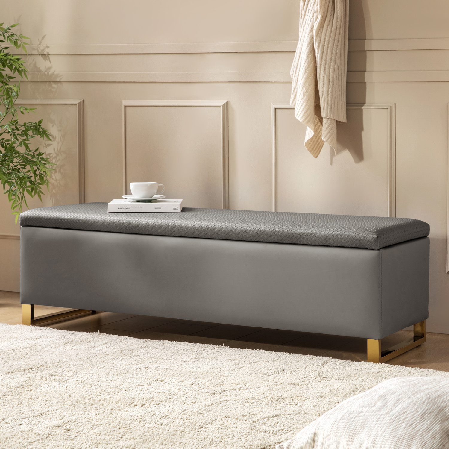 Tina's Home Storage Bench with 2 Nesting Ottomans,  Upholstered Entryway Bench with Stainless Steel Legs Modern Seating for Living Room, Bedroom  Grey