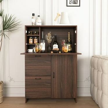 Modern Design Storage Desk Cabinet with 2 Storage Drawer & Shelves, Fold-up Desktop, Ideal for Home, Office, Dormitory, Small Spaces, Walnut