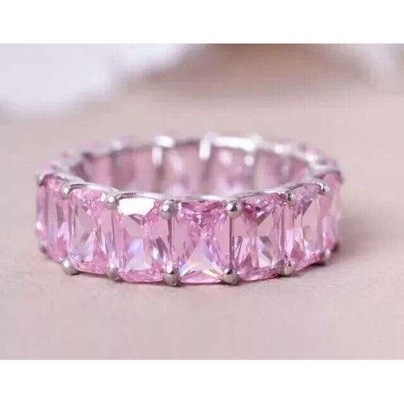 TAAPSEE JEWELS Eternity Women's Band Ring in Lab Created Pink Sapphire 14K White Gold Plated Silver