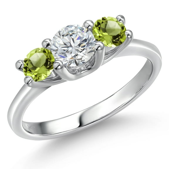 Gem Stone King 14K White Gold White Lab Grown Diamond & Green Peridot 3-Stone Engagement Ring | 1.10 Cttw | Round 5MM and 4MM | Three Stone Wedding Anniversary Promise Ring for Women (Size 6)