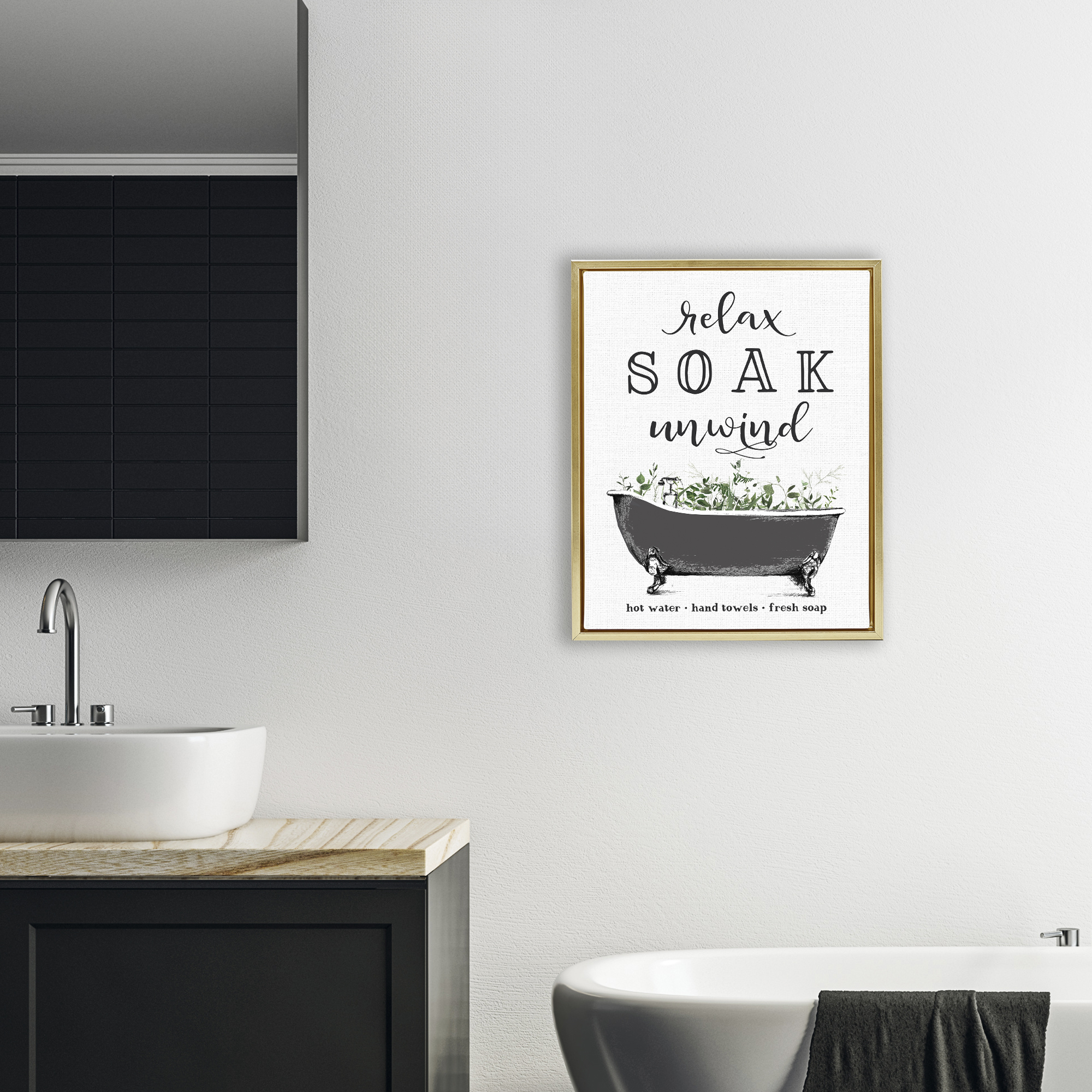 Vintage Bathing Reminders Gold Framed Floater Canvas Wall Art, design by Lettered and Lined