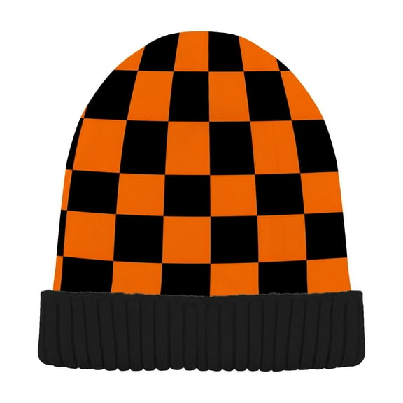 joogoo Orange Checkered Grid Pattern Beanie Hats Cuffed Winter Warm Knit Thick Beanies