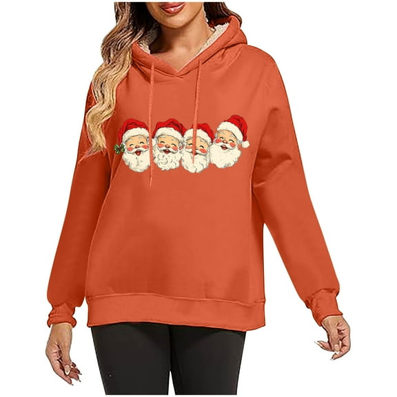 MELDVDIB Womens Christmas Print Hoodies Fashion Casual Hooded Sweatshirt for Christmas Holiday Daily Wear Festive Outfits with Pocket Orange XL