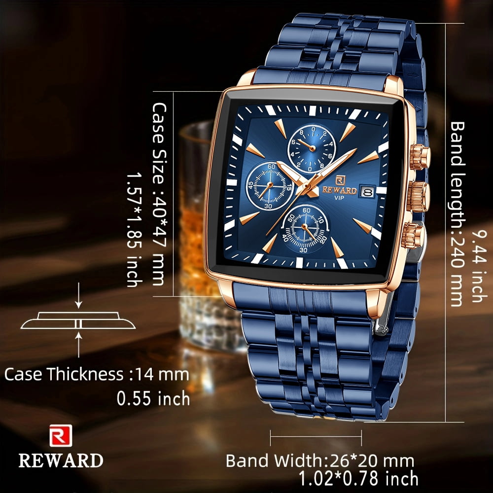 Square Watches for Men Blue Stainless Steel Chronograph Fashion Business Watch Luminous Waterproof Casual Wrist Watches