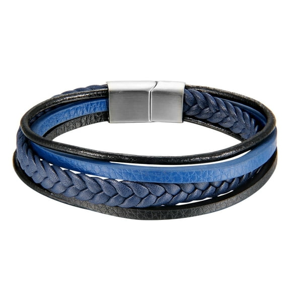 Multi-layer Men Blue Braided Leather Bangle Bracelet Magnetic Clasp 8.5''