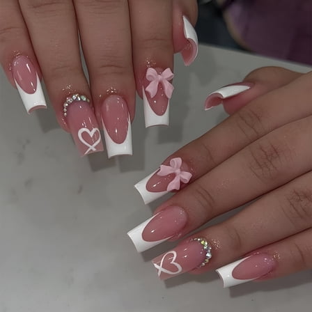 RAGUPEL Press on Nails Long Square 3D Bows Acrylic French White French Fake Nails with Heart Pattern Full for Girls
