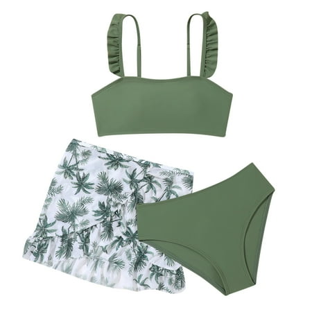 Toddler Girl Swimwear 3 Piece Bathing Suit Floral Print Bikini Set With Cover Ups Beach Skirt Baby Swimsuit Girl Green 10 Years-11 Years