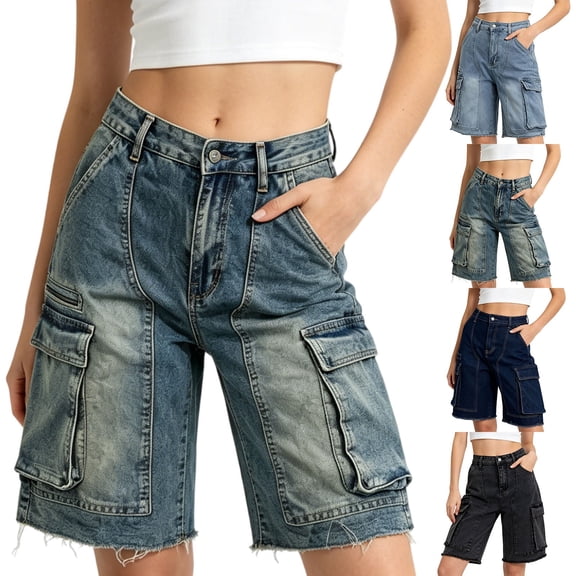 Breezora High Waist Distressed Denim Shorts for Women Straight Knee Length Cargo Pants with Pockets Casual Pull On Summer Bottoms Loose Fit